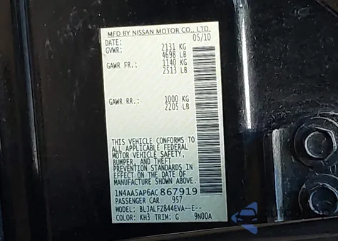 2010 Nissan Maxima 3.5 Sv from USA, damaged, VIN 1N4AA5AP6AC867919